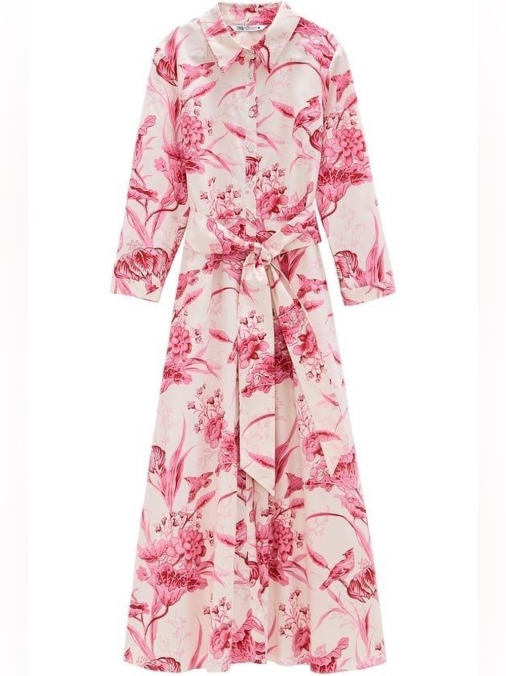 Zara Floral Tie-Waist Maxi Shirt Dress - Pink